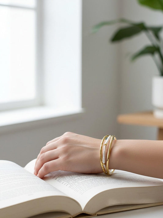 Natural pearl small silver bar design three sets smile bracelet gold open hammer bracelet