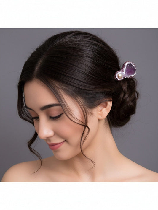 Baroque pearl three-dimensional inlaid with purple crystal and zircon gold hair clip
