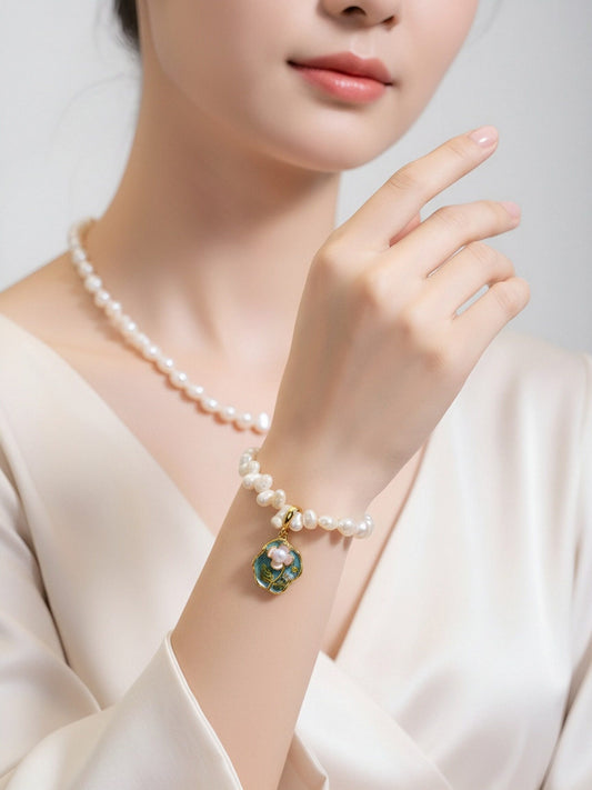 Natural pearl necklace pendant, painted Monet Garden oil painting style enamel floral pendant