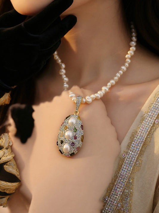 Natural pearl necklace pendant, big three-dimensional inlaid with colored zircon and tourmaline pendant