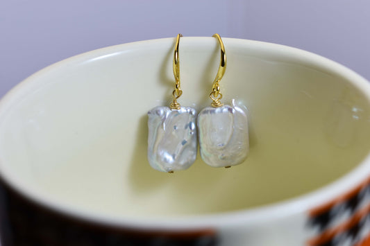 Baroque pearl earrings flat piece pearl long ear hook earrings