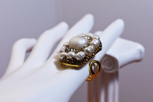 Luxurious and Shining Natural Baroque Pearl Ring with Three Dimensional Dense Inlay of Small Pearls and Zirconia, Adjustable Ring at the Opening