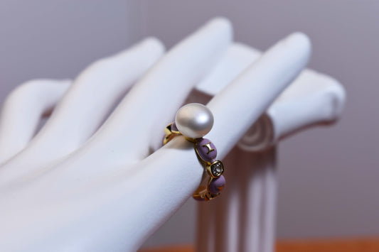 Pearl ring, colored enamel inlaid with zircon, adjustable opening ring