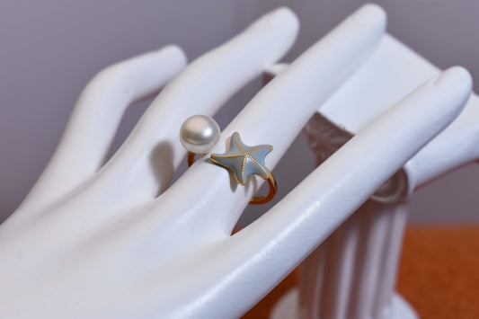 Pearl ring with blue enamel craftsmanship and starfish shaped opening adjustable ring