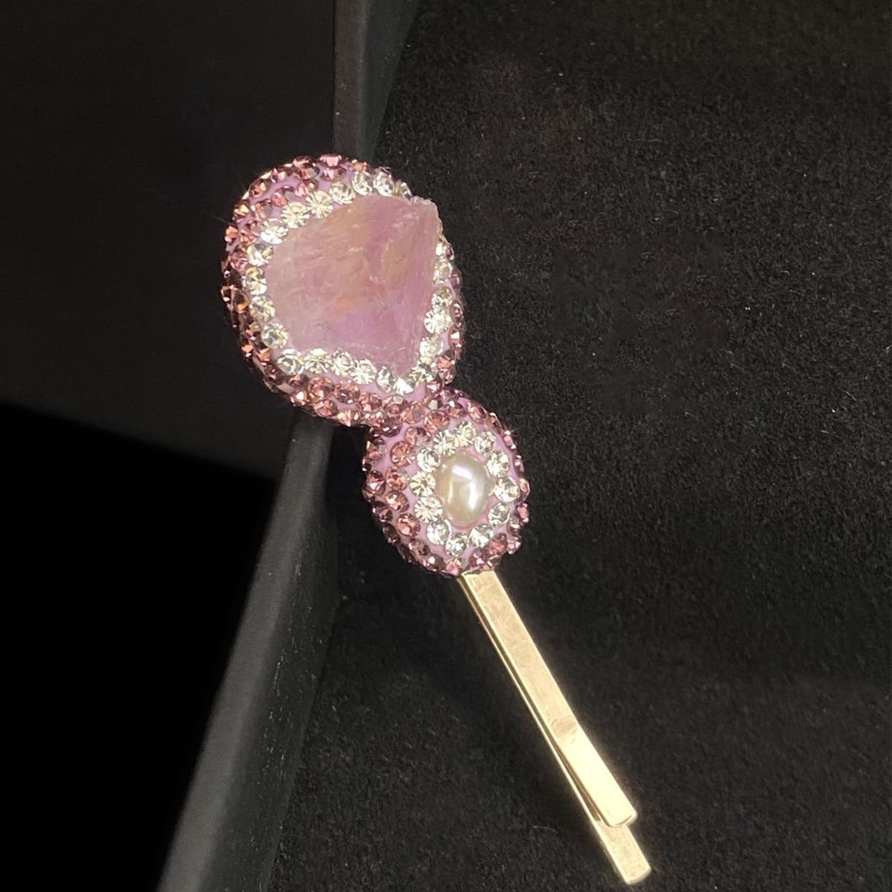 Natural pearl hair clip with three-dimensional inlaid powder crystal and zircon gold hair clip