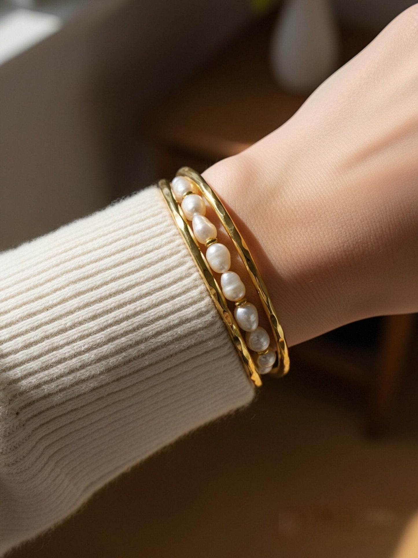 Natural pearl bracelet three piece set paired with  smile bracelet and gold open hammer bracelet