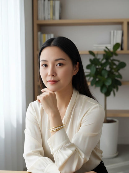 Natural pearl bracelet three piece set paired with  smile bracelet and gold open hammer bracelet