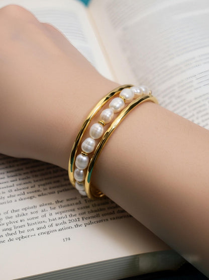 Natural pearl bracelet three piece set paired with  smile bracelet and gold open hammer bracelet