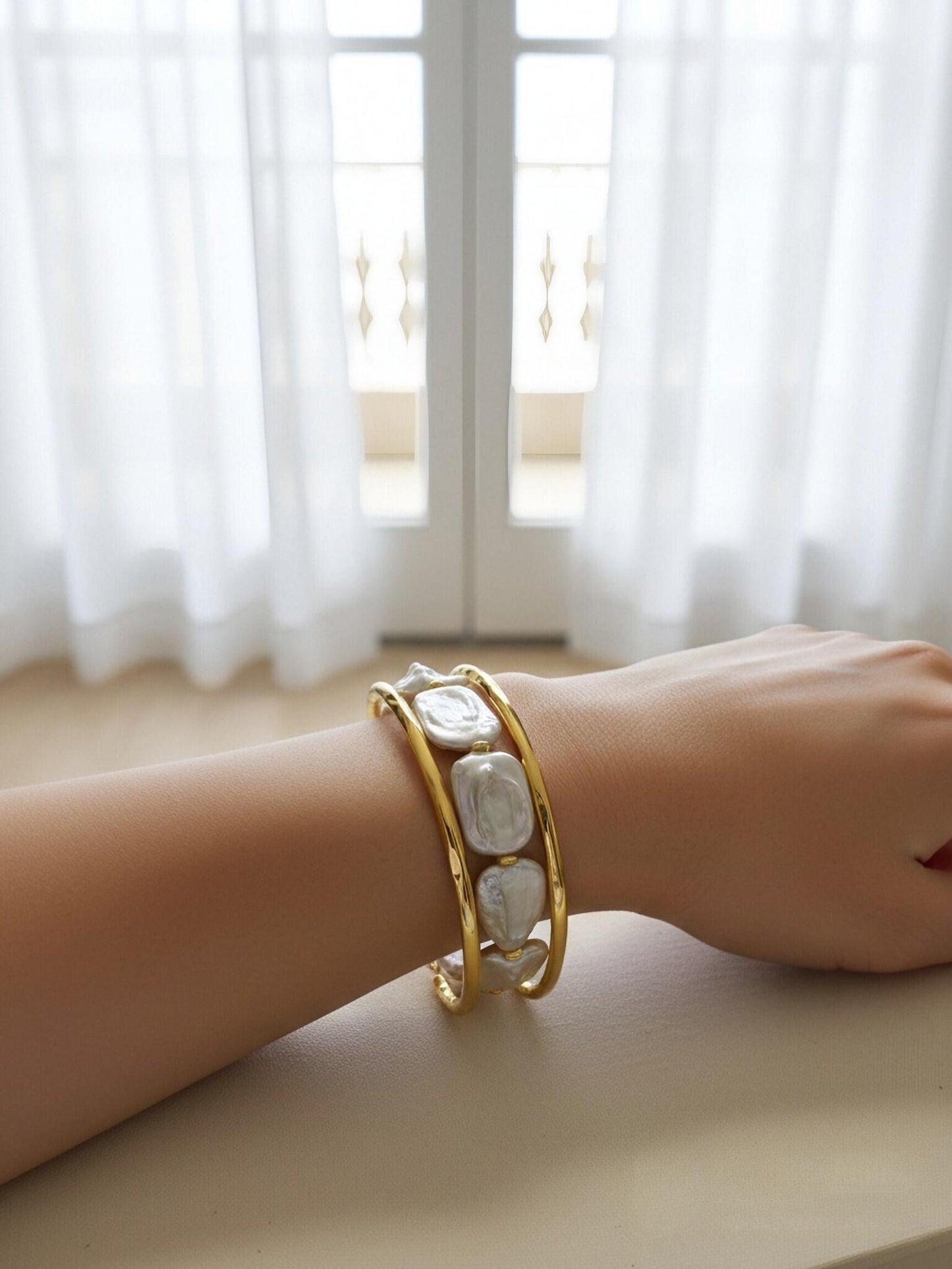 Natural Baroque Flat Pearl Bracelet Set of Three  Smile Bracelet Gold Open Hammer Bracelet