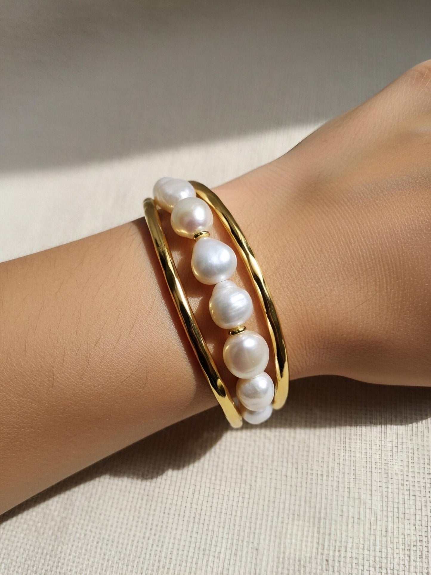 Natural Baroque Pearl Bracelet Set of Three  Smile Bracelet Gold Open Hammer Bracelet