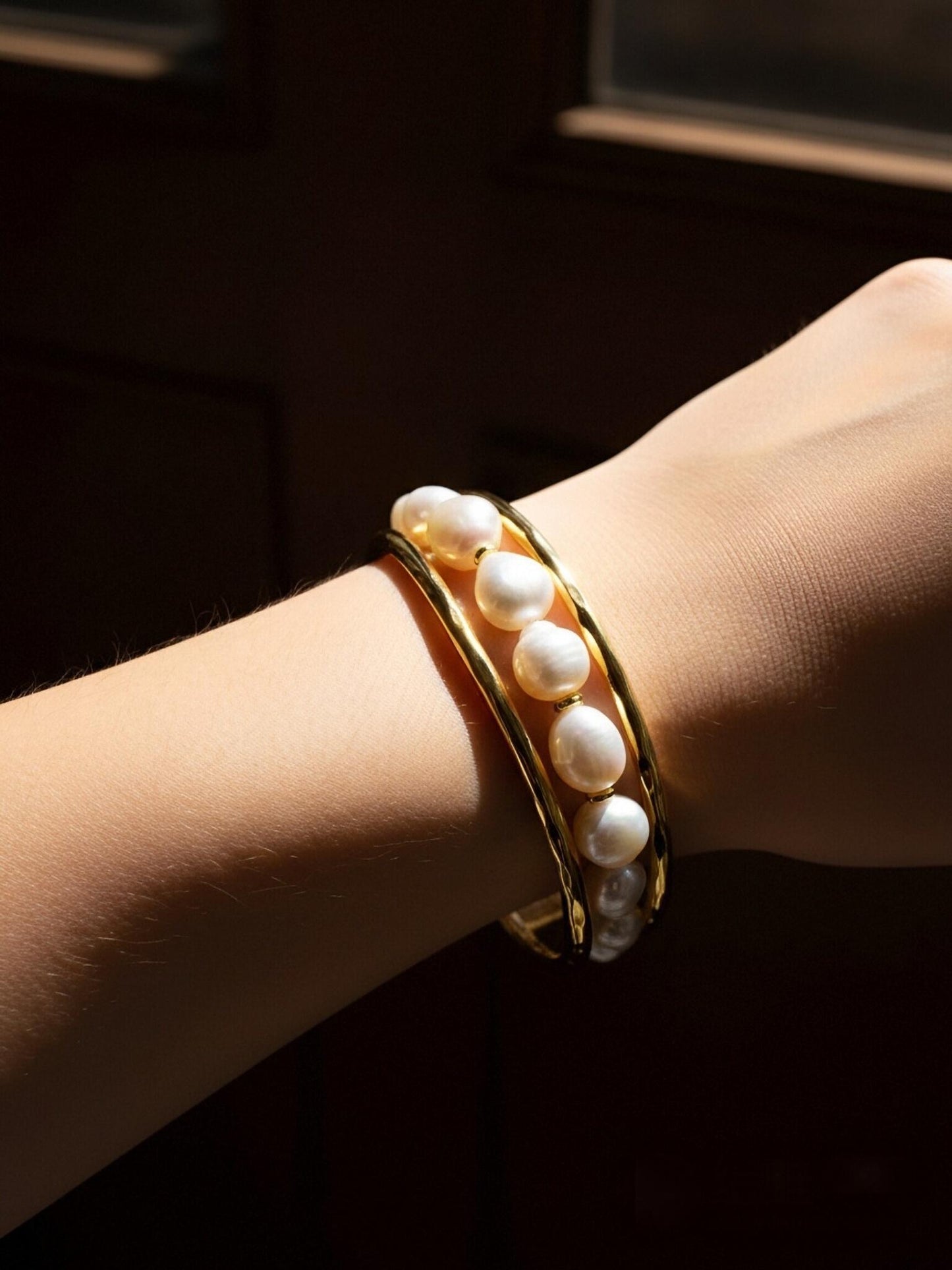 Natural Baroque Pearl Bracelet Set of Three  Smile Bracelet Gold Open Hammer Bracelet