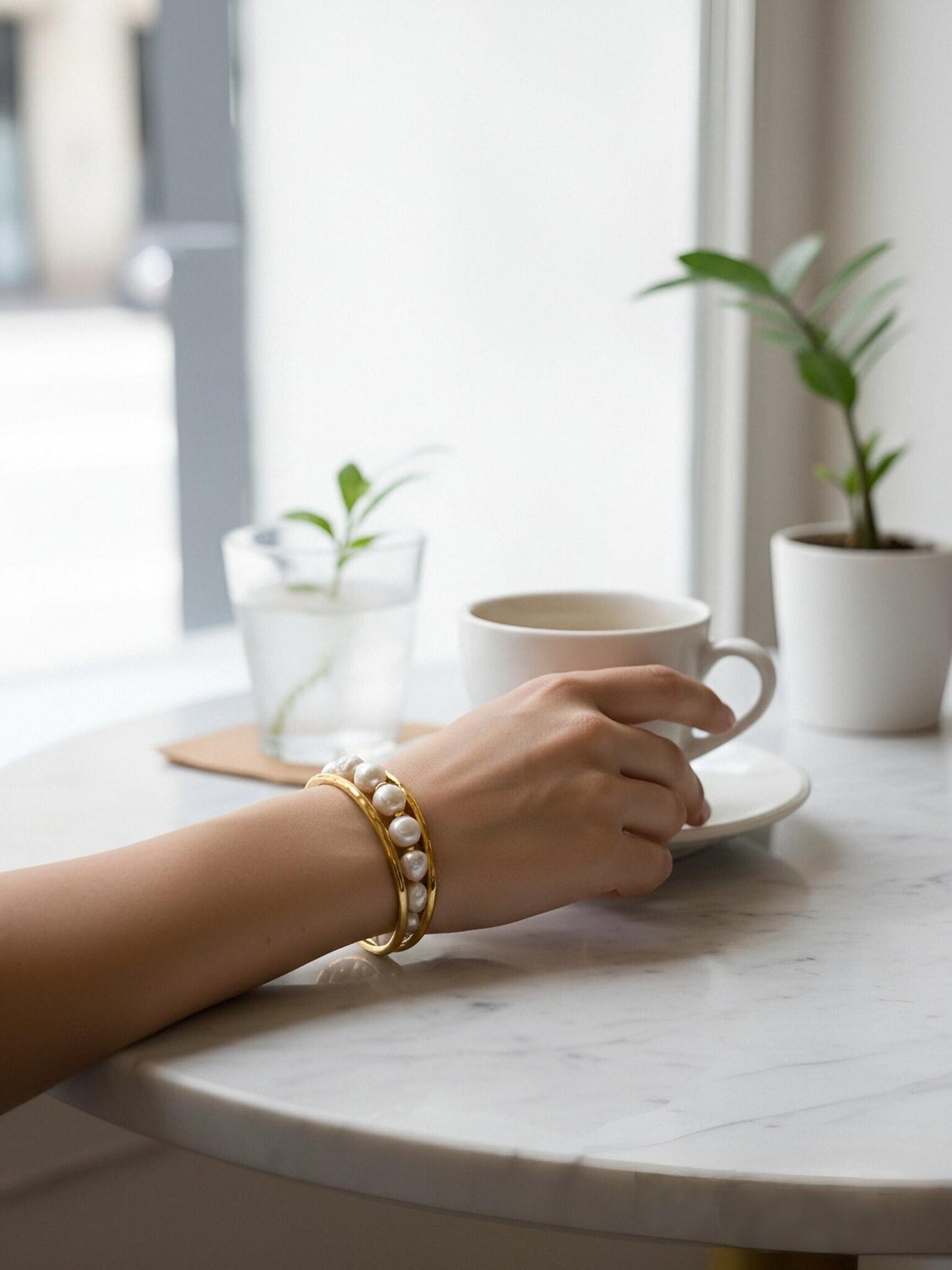 Natural Baroque Pearl Bracelet Set of Three  Smile Bracelet Gold Open Hammer Bracelet