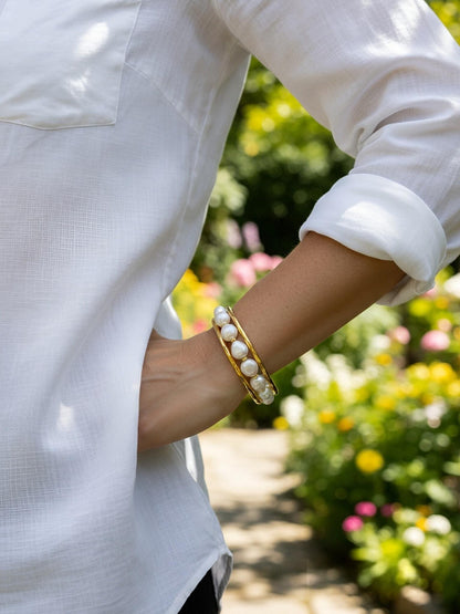 Natural Baroque Pearl Bracelet Set of Three  Smile Bracelet Gold Open Hammer Bracelet