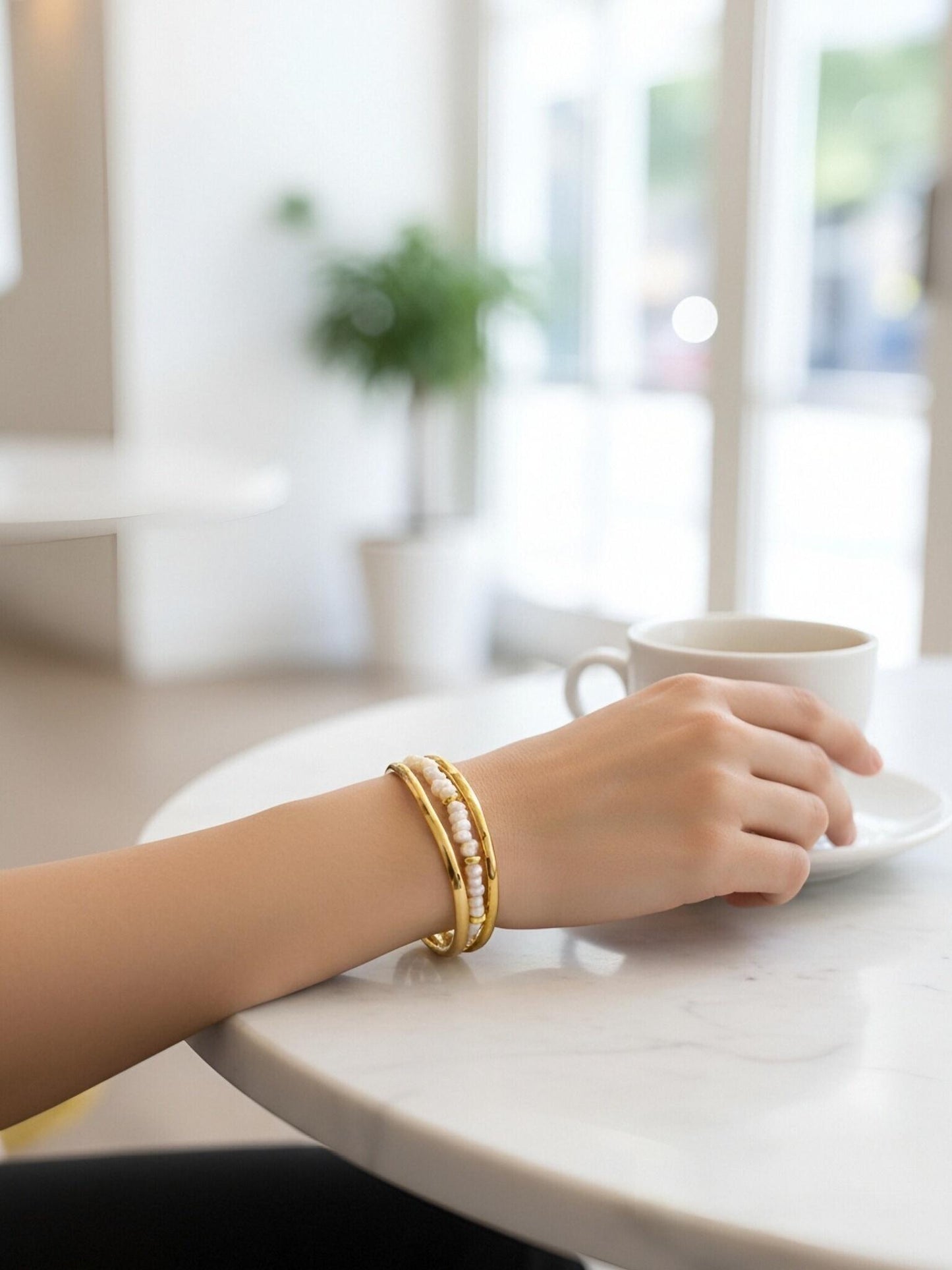 Natural Pearl Rice Bead Shaped Three Set  Smile Bracelet Gold Open Hammer Bracelet