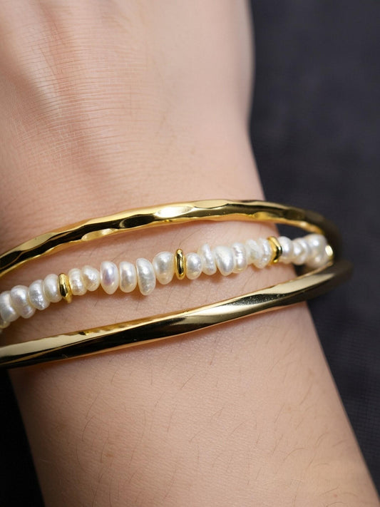 Natural Pearl Rice Bead Shaped Three Set  Smile Bracelet Gold Open Hammer Bracelet