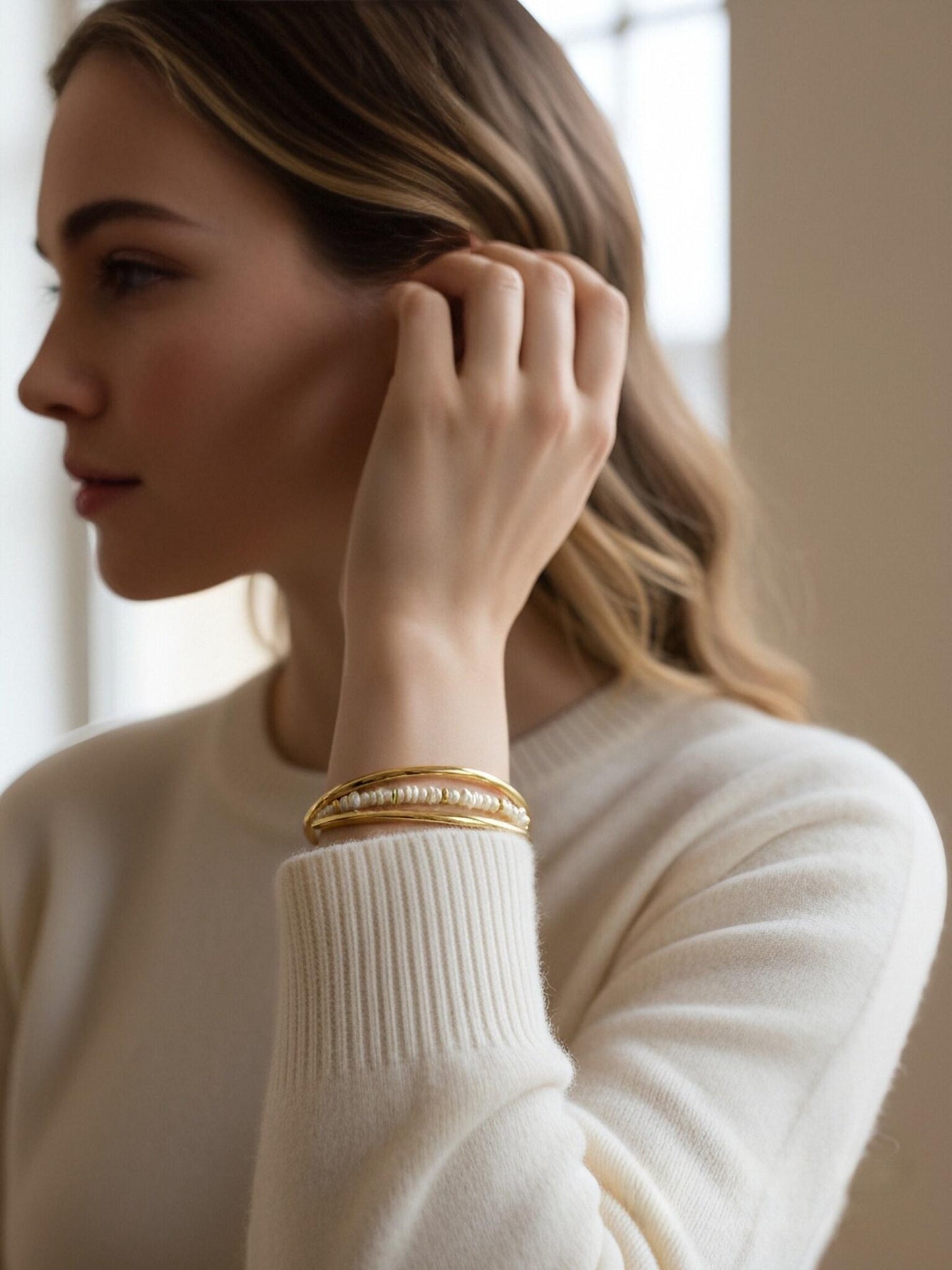 Natural Pearl Rice Bead Shaped Three Set  Smile Bracelet Gold Open Hammer Bracelet