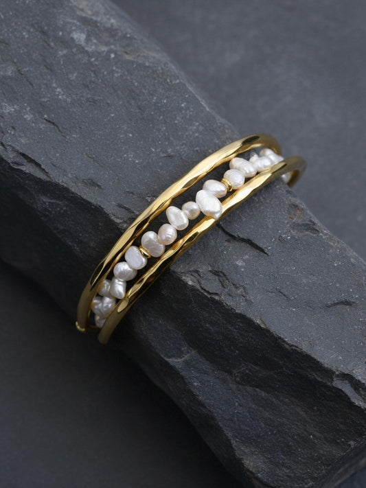 Natural Pearl Bracelet Side Punching Three Set  Smile Bracelet Gold Open Hammer Bracelet