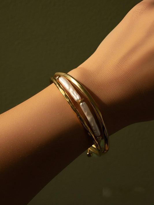 Natural pearl small silver bar design three sets  smile bracelet gold open hammer bracelet