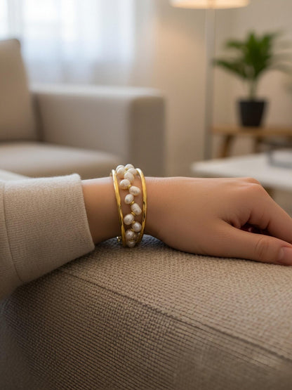 Natural Pearl Wheat Spike Style Three Set  Smile Bracelet Gold Open Hammer Bracelet