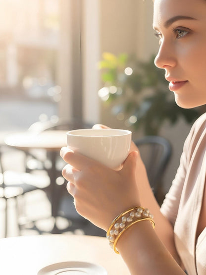 Natural Pearl Wheat Spike Style Three Set  Smile Bracelet Gold Open Hammer Bracelet