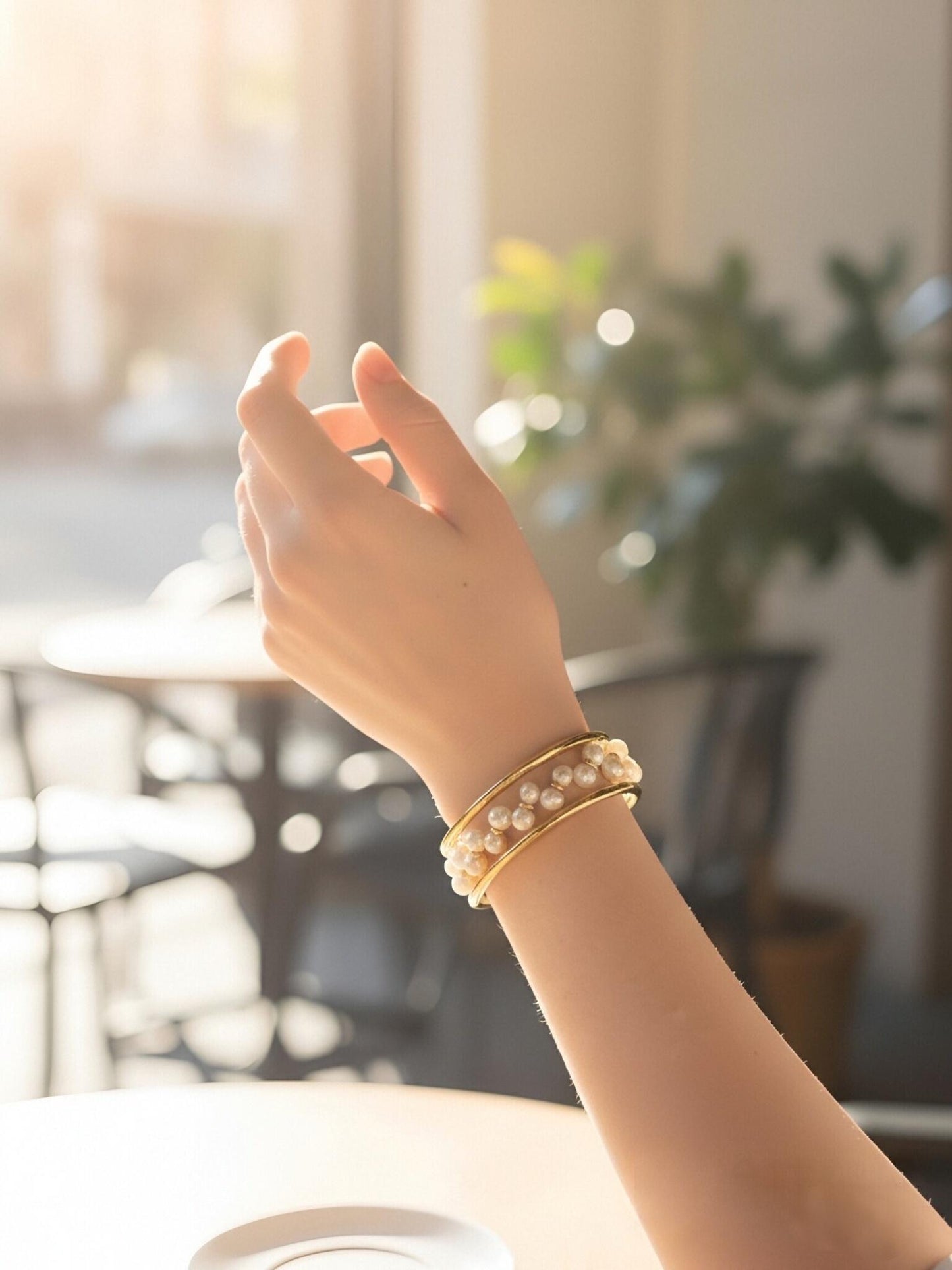 Natural Pearl Wheat Spike Style Three Set  Smile Bracelet Gold Open Hammer Bracelet