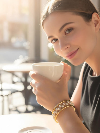 Natural Pearl Wheat Spike Style Three Set  Smile Bracelet Gold Open Hammer Bracelet