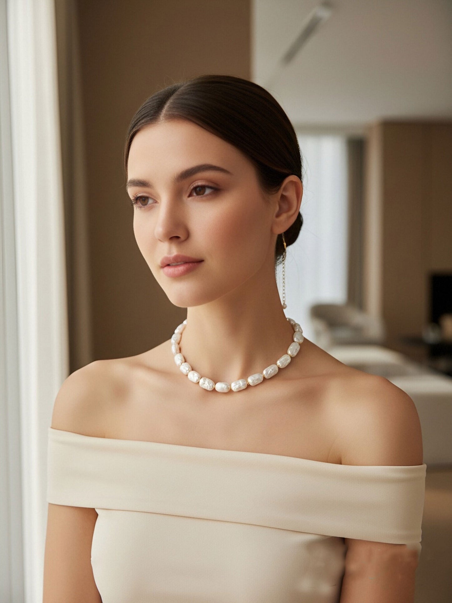 Natural pearl necklace square piece Baroque pearl strap with extended chain length adjustable necklace