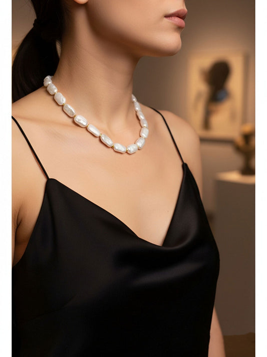 Natural pearl necklace square piece Baroque pearl strap with extended chain length adjustable necklace