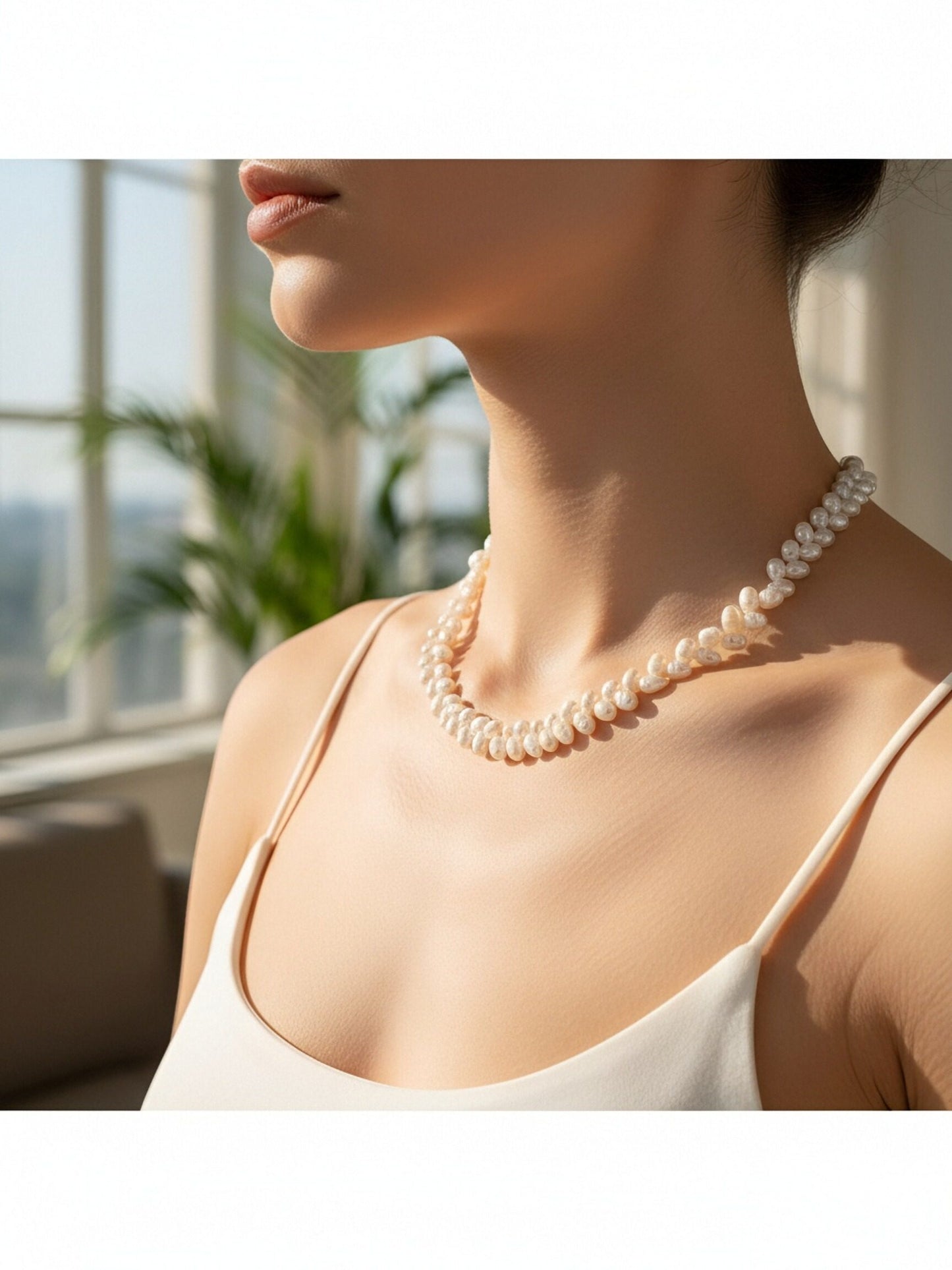 Natural pearl necklace with wheat ear shaped symmetrical left and right pearl strap and adjustable chain length