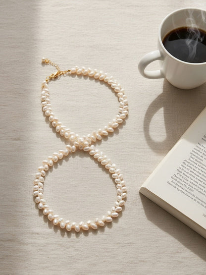 Natural pearl necklace with wheat ear shaped symmetrical left and right pearl strap and adjustable chain length