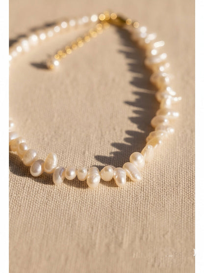 Natural pearl necklace with side perforations, small flat pearl strap, extended chain length adjustable necklace