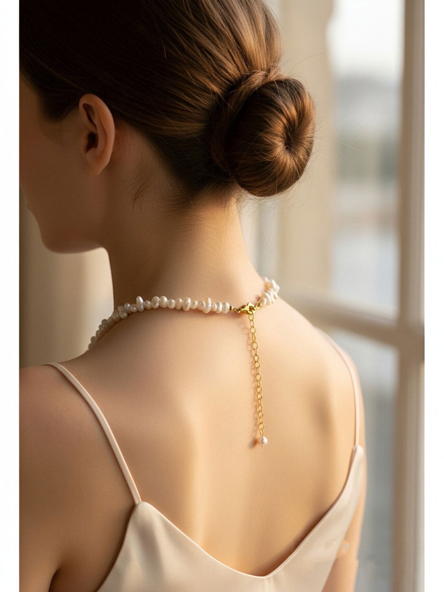 Natural pearl necklace with side perforations, small flat pearl strap, extended chain length adjustable necklace