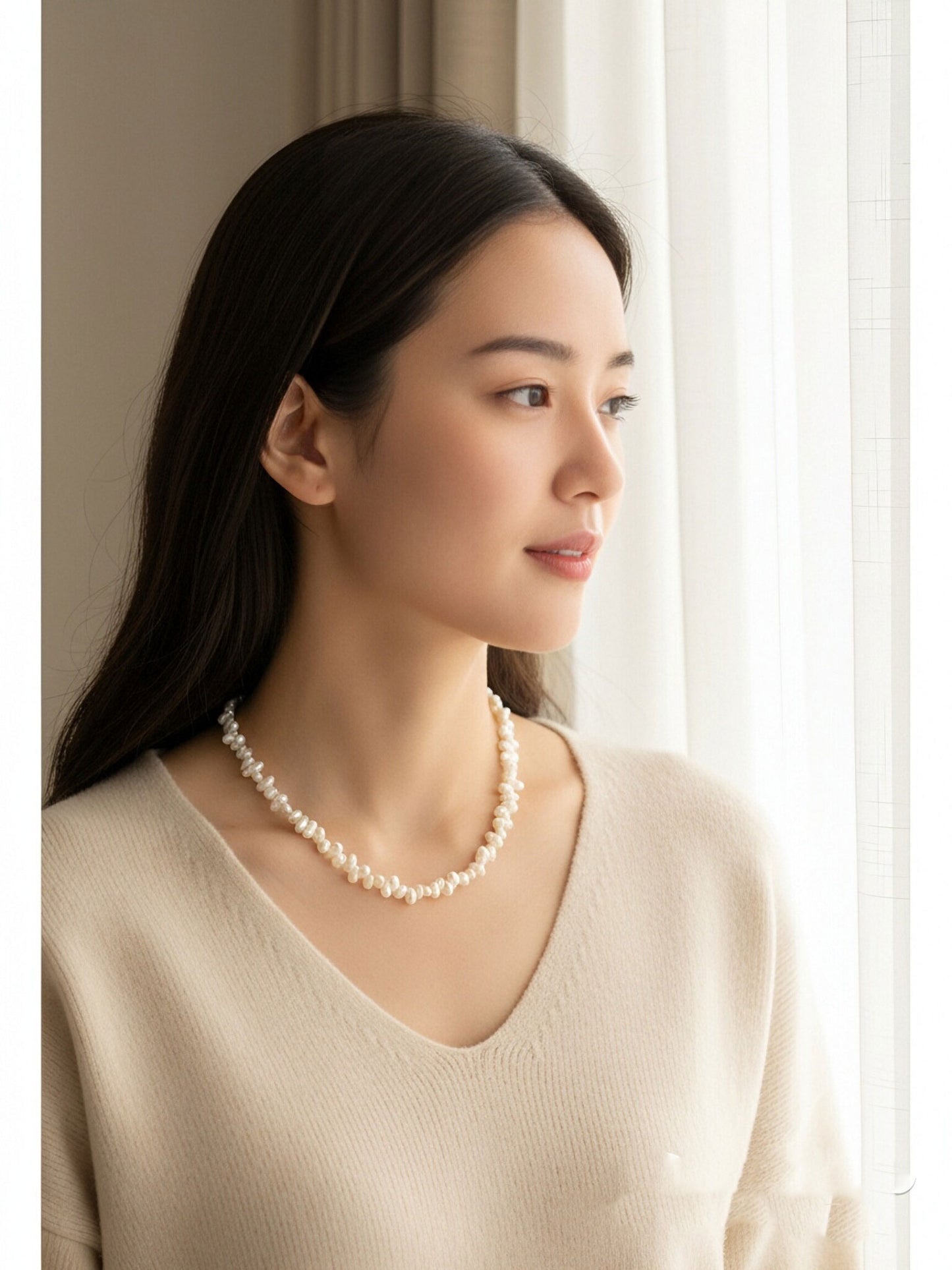 Natural pearl necklace with side perforations, small flat pearl strap, extended chain length adjustable necklace