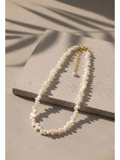 Natural pearl necklace with side perforations, small flat pearl strap, extended chain length adjustable necklace