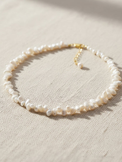 Natural pearl necklace with side perforations, small flat pearl strap, extended chain length adjustable necklace