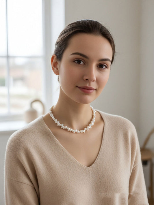 Natural pearl necklace with side perforations, small flat pearl strap, extended chain length adjustable necklace