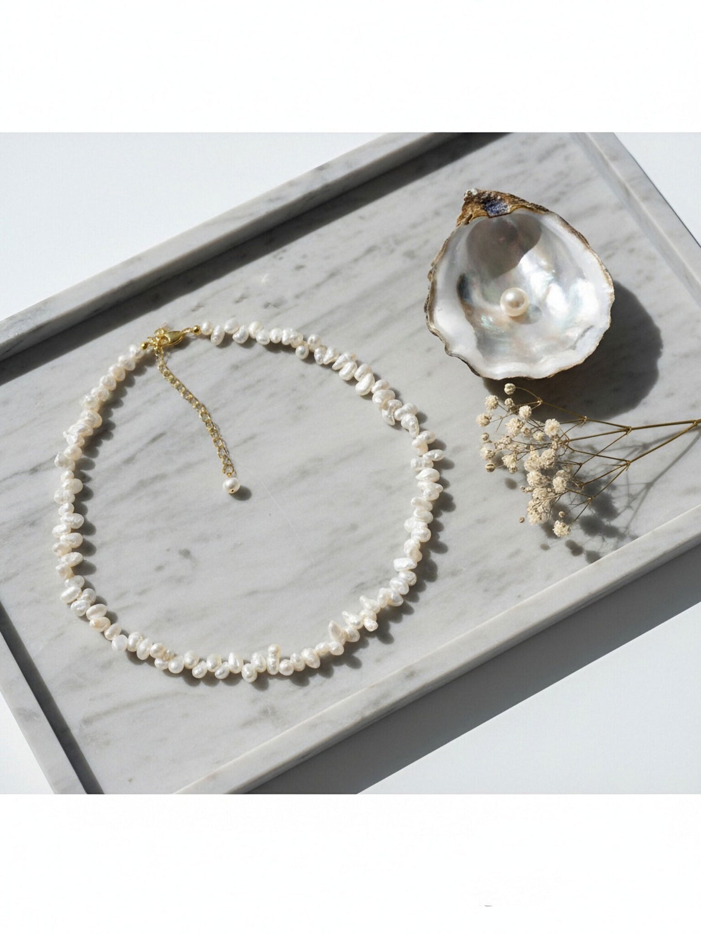 Natural pearl necklace with side perforations, small flat pearl strap, extended chain length adjustable necklace