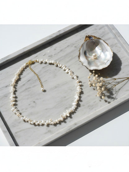 Natural pearl necklace with side perforations, small flat pearl strap, extended chain length adjustable necklace