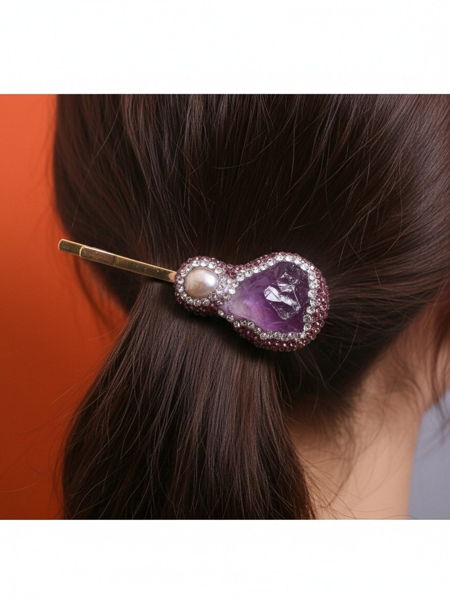 Baroque pearl three-dimensional inlaid with purple crystal and zircon gold hair clip