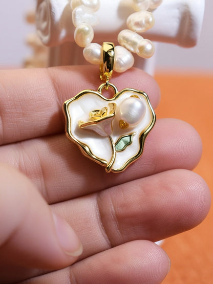 Natural pearl necklace pendant, white heart-shaped enamel craftsmanship, three-dimensional rose shaped pendant
