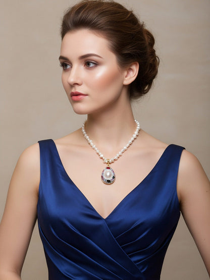 Natural pearl necklace pendant, three-dimensional inlaid with colored zircon and tourmaline pendant