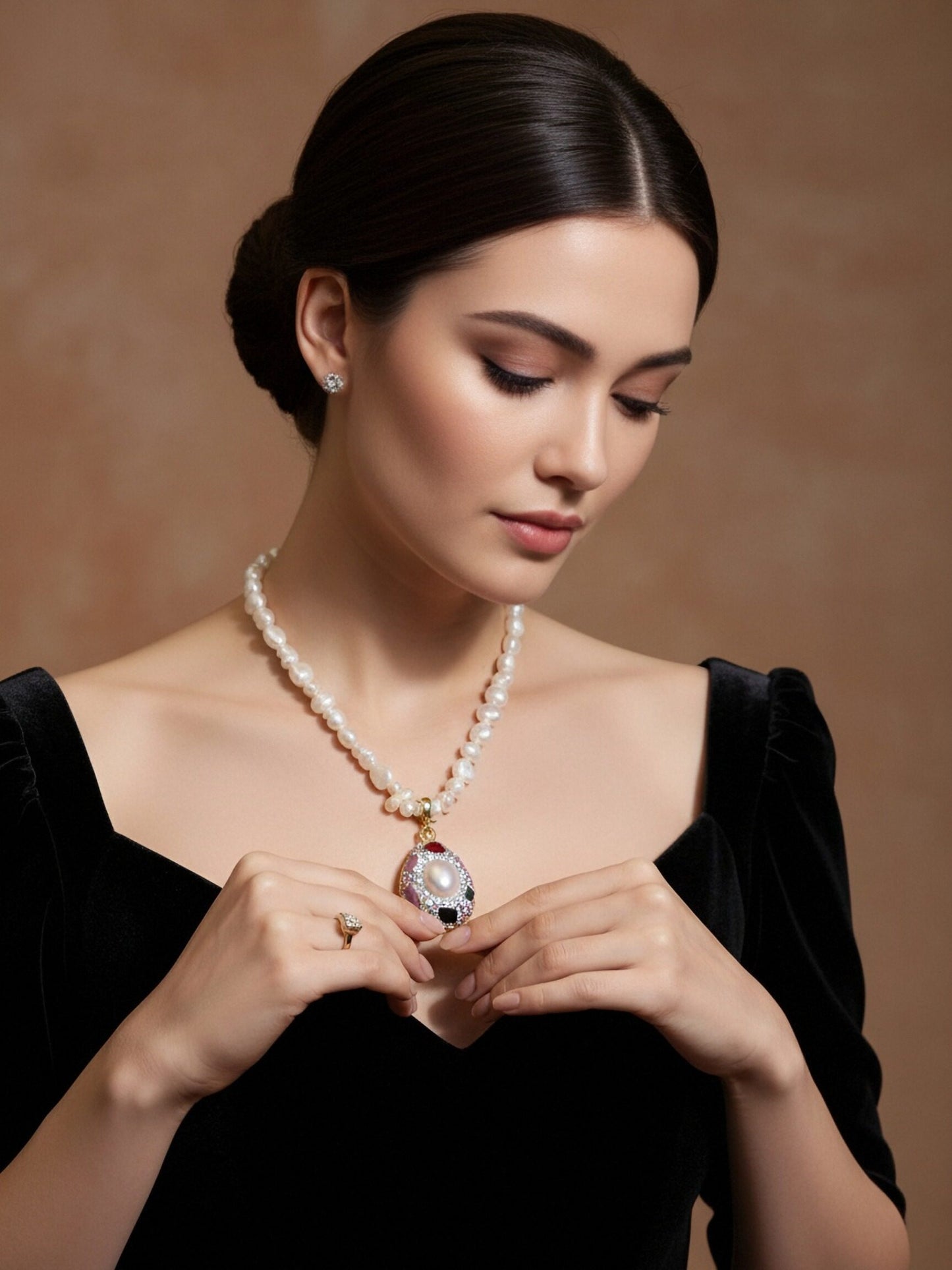 Natural pearl necklace pendant, three-dimensional inlaid with colored zircon and tourmaline pendant