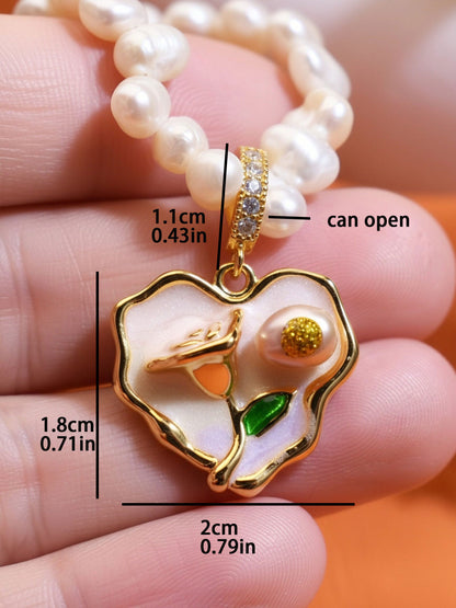 Natural pearl necklace pendant, light pink purple heart-shaped enamel craftsmanship, three-dimensional rose shaped pendant