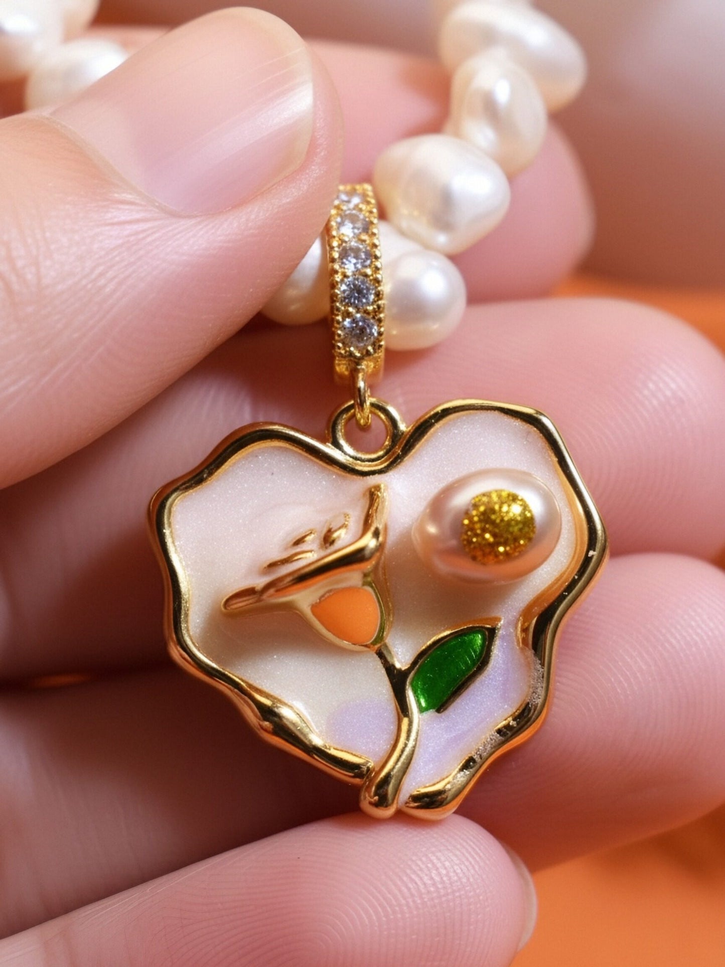 Natural pearl necklace pendant, light pink purple heart-shaped enamel craftsmanship, three-dimensional rose shaped pendant