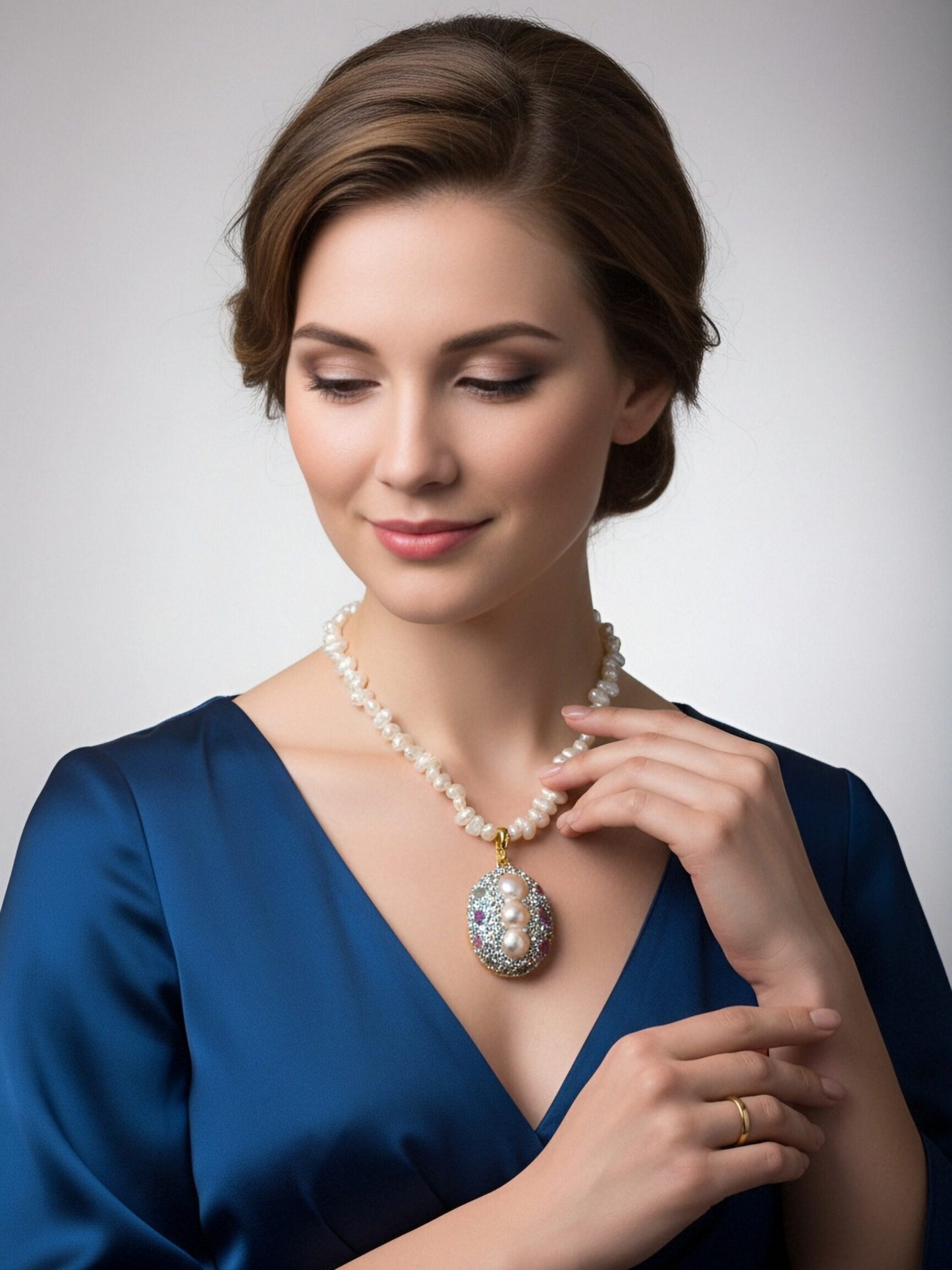 Natural pearl necklace pendant, three-dimensional inlaid with colored zircon and tourmaline pendant