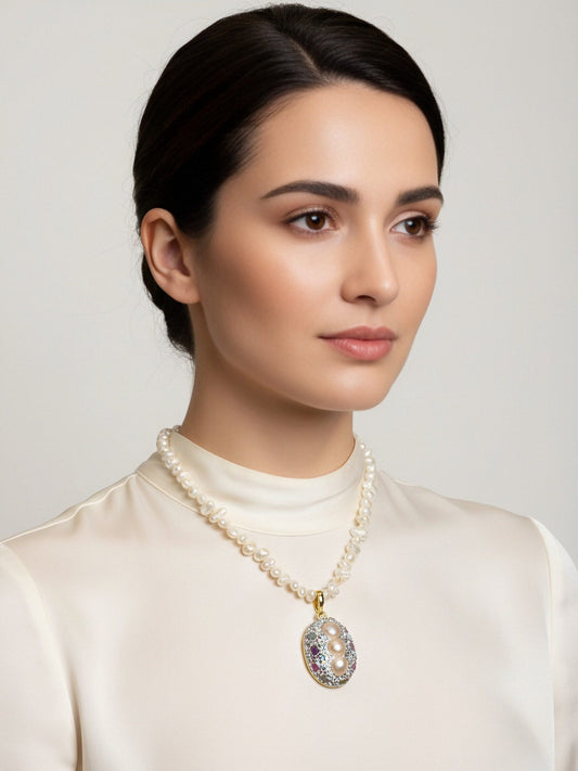 Natural pearl necklace pendant, three-dimensional inlaid with colored zircon and tourmaline pendant