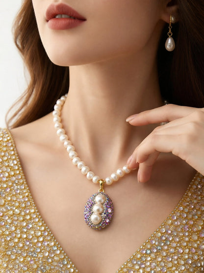 Natural pearl necklace pendant, three-dimensional inlaid with colored zircon and tourmaline pendant