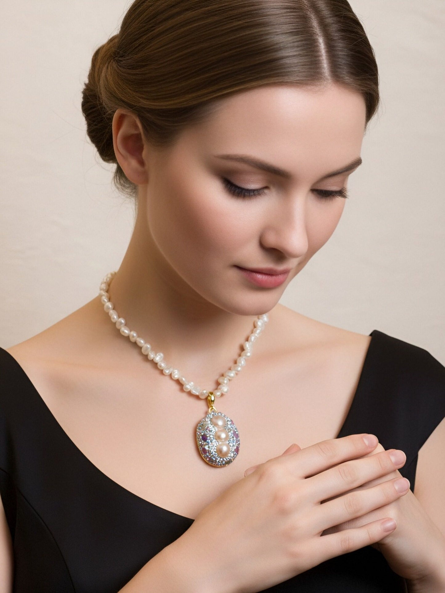 Natural pearl necklace pendant, three-dimensional inlaid with colored zircon and tourmaline pendant