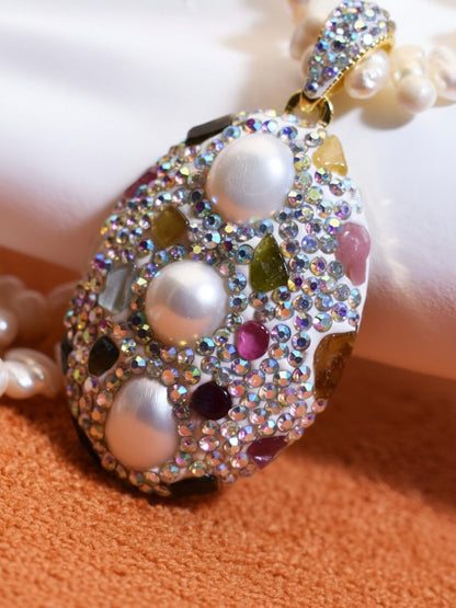 Natural pearl necklace pendant, big three-dimensional inlaid with colored zircon and tourmaline pendant