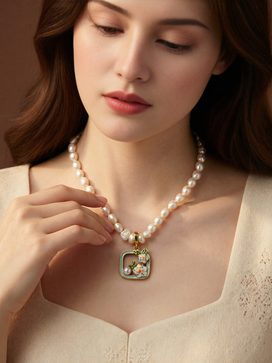 Natural pearl necklace pendant, painted Monet Garden oil painting style enamel hollow flower pendant